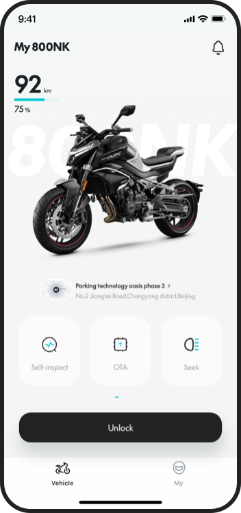 Official CFMOTO app screen showing an 800NK and vehicle features
